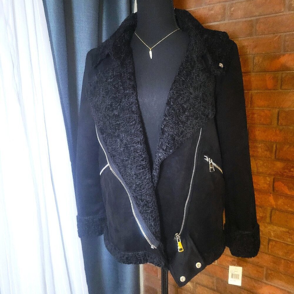 NWT! VIGOSS Women's Black Moto Jacket Front Diagonal Zipper Plush Lining - Sz XS